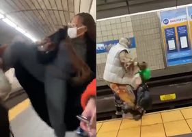 Young woman kicks elderly woman on subway platform who fell on the tracks and almost runs the risk of being run over by a train Photo 0001