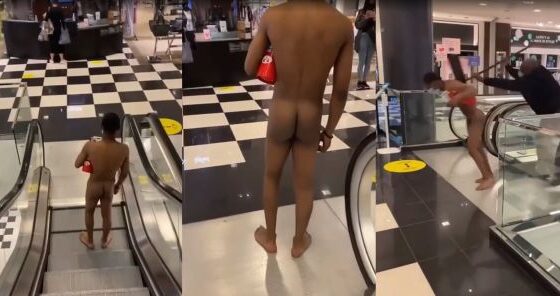 Man with mental problems walking naked in shopping mall is hit with pole in the head Photo 0001 Video Thumb