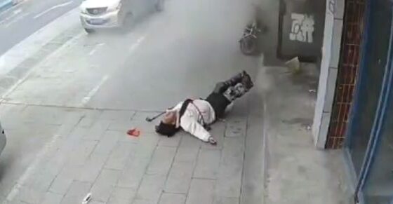 Man head blown up when opening a restaurant door Photo 0001 Video Thumb