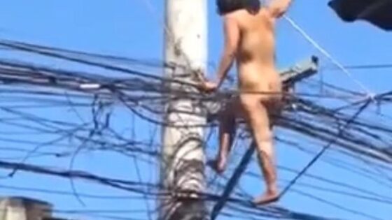 Woman with psychiatric problems and completely naked climbs a power pole and is electrocuted until she falls hard to the ground Photo 0001 Video Thumb