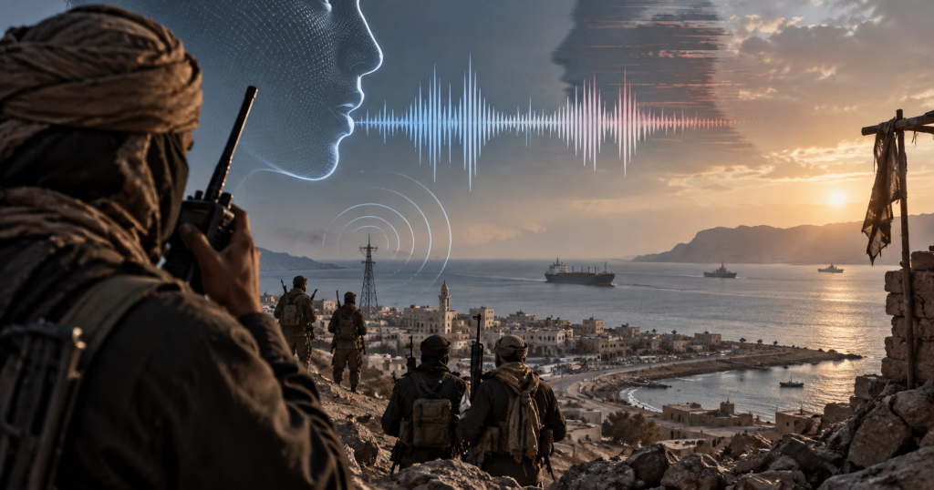 Editorial illustration of AI voice-clone deception during the Mocha offensive in Yemen.